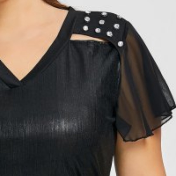 Plus Size Hollow Out Metallic Blouse w/ Rhinestone - Picture 5 of 6